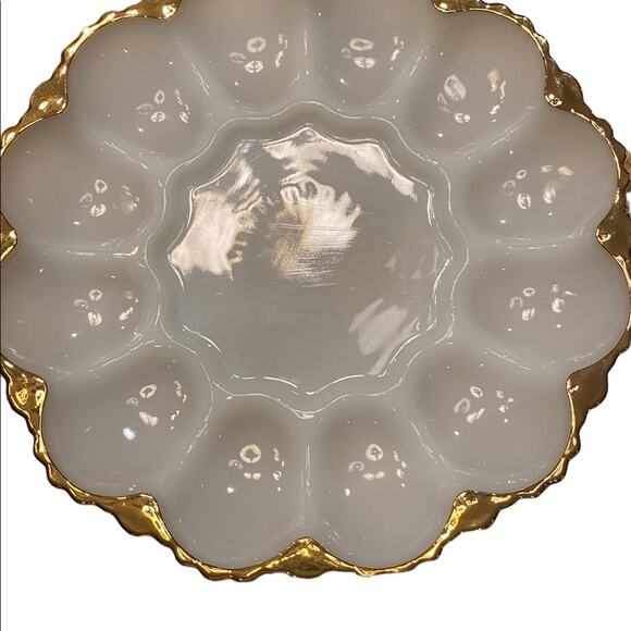 Vintage Anchor Hocking Milk Glass Deviled Egg Dish with Gold Edges -Set of 2 - Picture 3 of 5